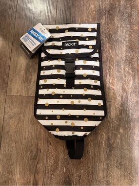 PackIt Insulated Wine Bag- Black & White Stripe with Gold Dots
